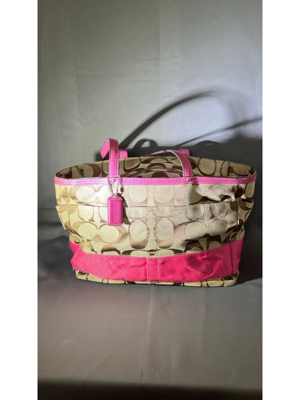 Coach Signature Stripe Diaper/Tote Bag With Pink Trim - Stylish & Functional Bro